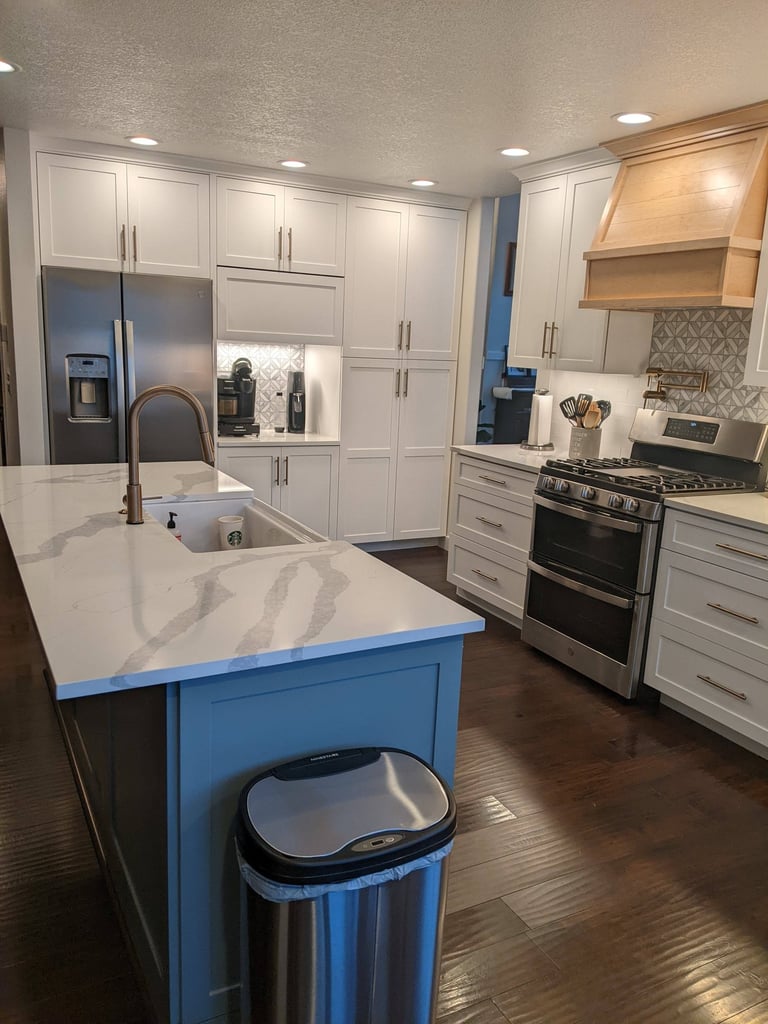 craftsman style kitchen with custom hood vent