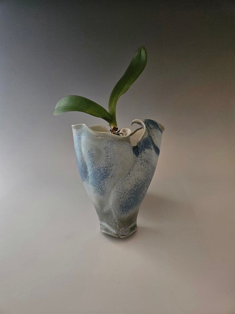 Wall Sconce/Vase: blue & white micro crystalline glaze, w/removable shelf for plants or candles