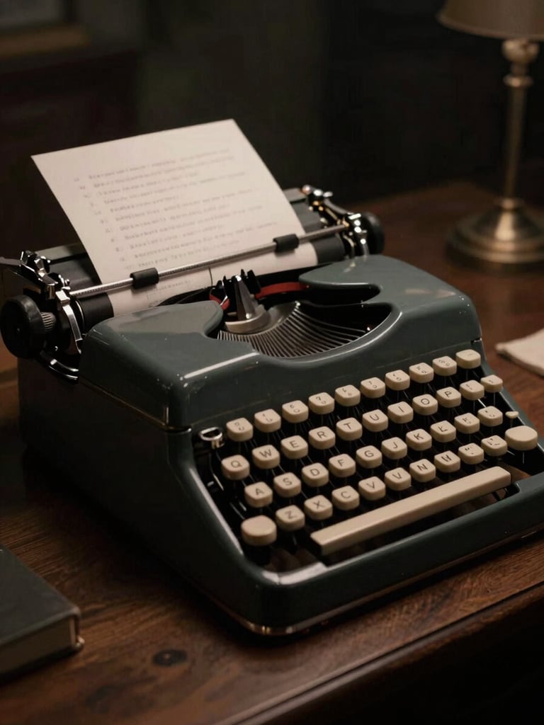 Moody cinematic film still of a writer's desk, low-key dramatic lighting, deep shadows, a vintage typewriter with a script page, anamorphic widescreen format.