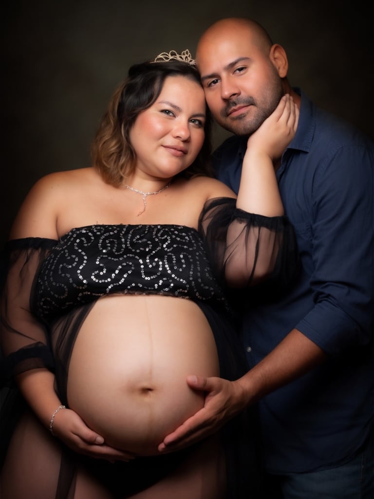a pregnant woman and her husband are posing for a photo