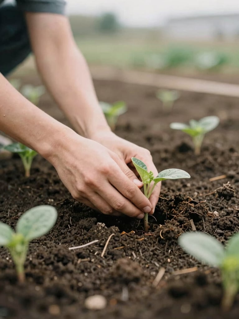 A close-up of hands planting seedlings in a community garden, rich dark soil, soft morning overcast light, warm organic tones, shallow depth of field, 35mm film aesthetic