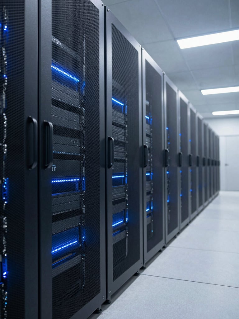 Wide-angle server infrastructure corridor, cool blue LED strip lighting along rack rows receding into darkness, foreground rack in sharp focus, no people, cinematic depth of field