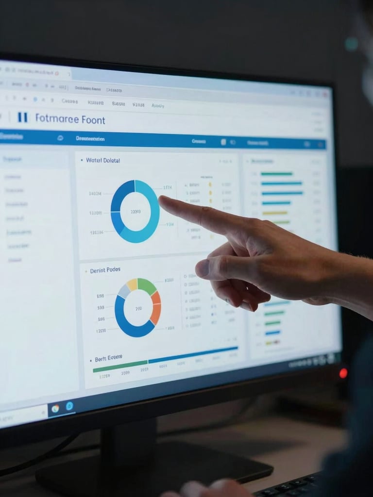 Close-up of hands pointing at a large monitor displaying a clean enterprise dashboard with charts and KPI tiles, cool blue monitor glow illuminating the fingers, dark background, no visible face, tight framing on the interaction between hands and data on screen