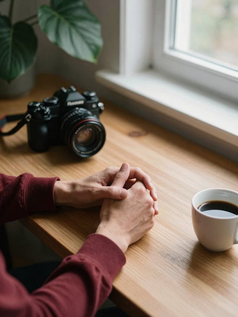 Hands of a digital strategist planning content on a wooden desk, a camera and a cup of black coffee nearby, soft side window light, 35mm photography