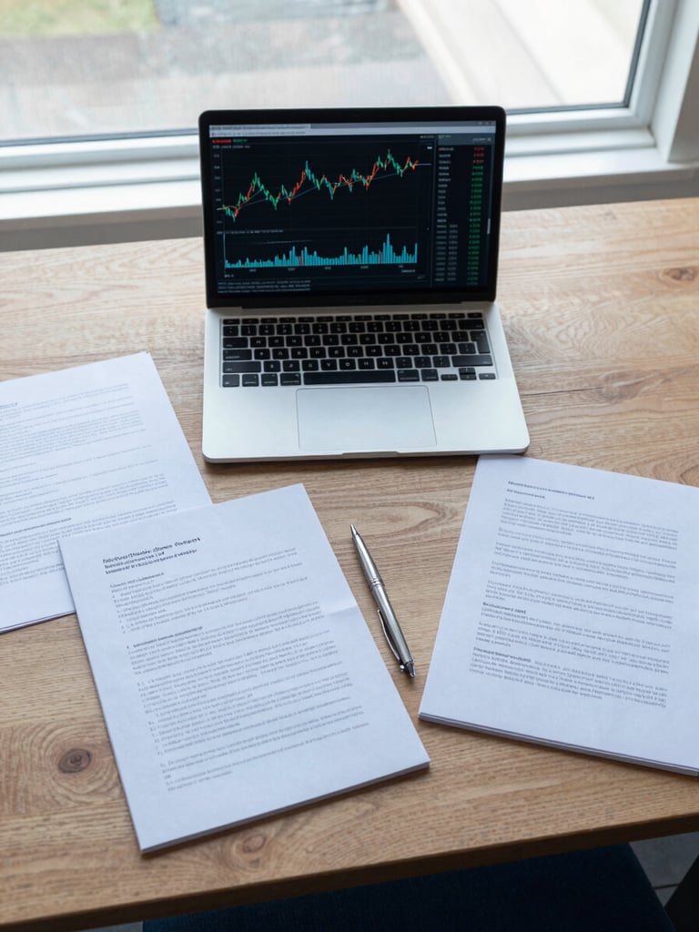 Top-down editorial flat lay of a clean wooden desk with a laptop displaying financial charts, neatly organized legal documents, and a sleek pen under bright natural window light