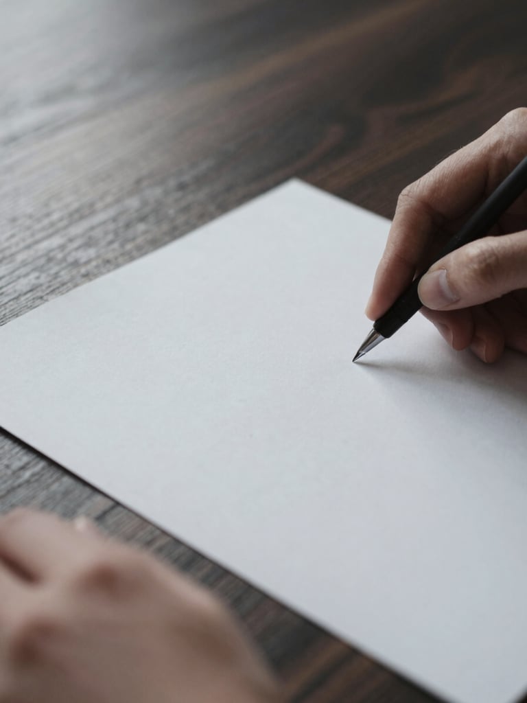 Macro close-up of hands reviewing a clean document on a dark wooden table, sharp natural light, cool desaturated tones