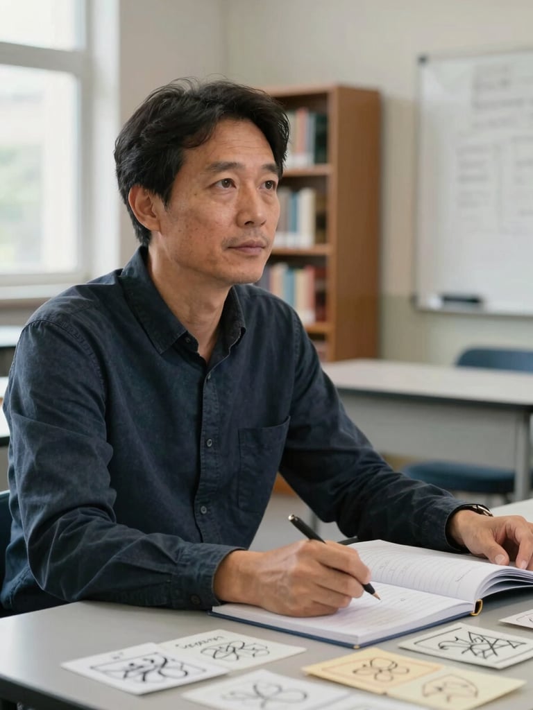 Close-up editorial portrait, left third of frame: an educator in his mid-forties sits at a low classroom table covered with hand-drawn cards and open notebooks, natural window light from the left casting soft shadows, looking slightly off-camera with calm attention, bookshelves and a whiteboard visible out of focus in the background