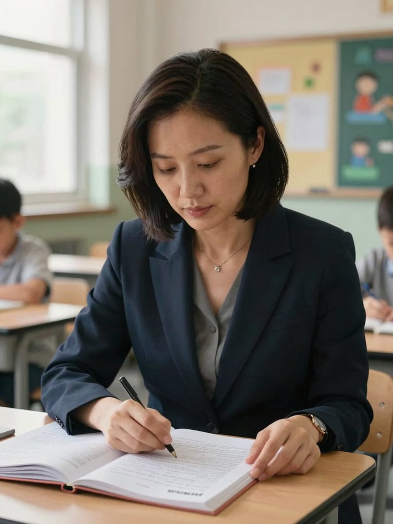 Portrait-format shot of a teacher seated at a small classroom table consulting the open BINAR guide, one hand tracing a line of text, background shows a blurred classroom wall with children's artwork, natural window light from the left