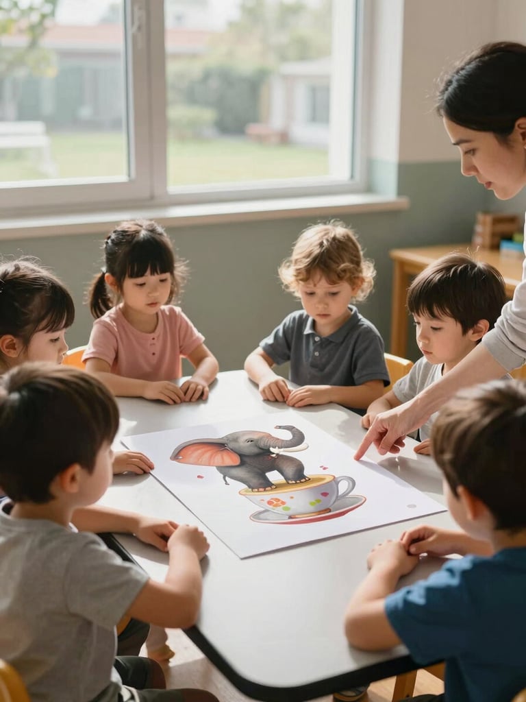 Wide shot from the left edge of a sunlit infant classroom: a small group of 4-year-olds seated around a low table, leaning forward to examine a large printed card showing an improbable image—an elephant balanced on a teacup. Natural window light falls across the table surface and children's hands. The educator's hands are visible at frame-right, pointing gently. No faces centered; the materials and hands carry the composition.
