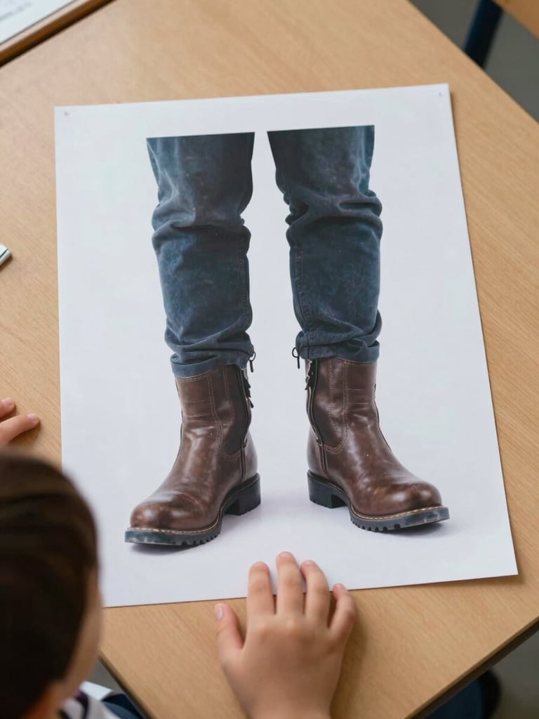 Overhead shot of a large printed impossible image card—a fish wearing boots—laid flat on a classroom table under natural window light, a small child's hands reaching toward it from the bottom edge of the frame, wooden table surface visible at the margins