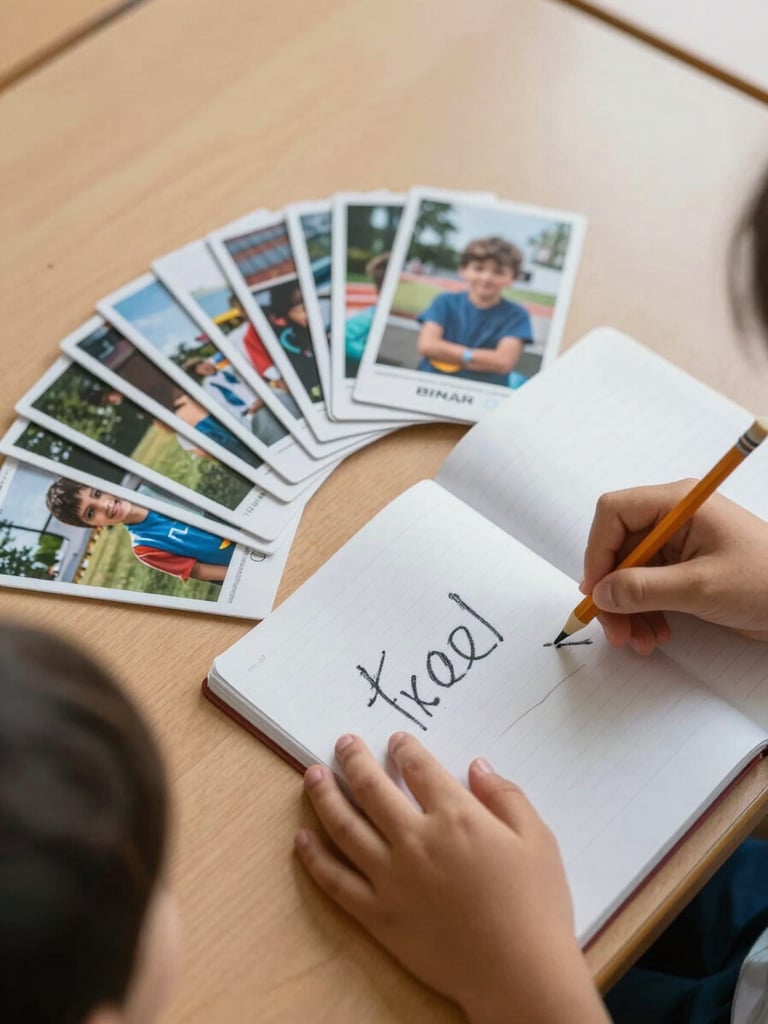 Overhead shot of a classroom table surface under diffuse natural light: BINAR printed cards with impossible images fanned out beside a child's open notebook showing emergent mark-making in thick pencil. A child's two hands rest at the bottom of the frame, one finger tracing a word. No faces. The materials fill the frame with texture and quiet attention.