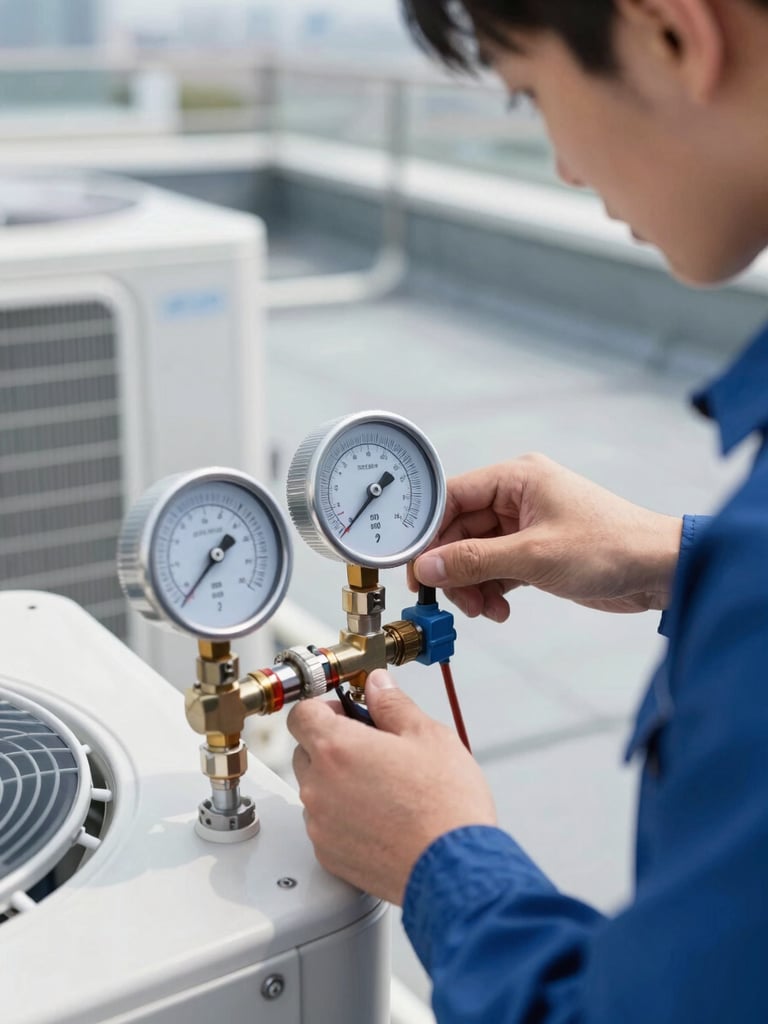 Close-up of a professional technician's hand adjusting a manifold gauge on a commercial rooftop HVAC unit, crisp daylight, metallic and blue tones, sharp focus.