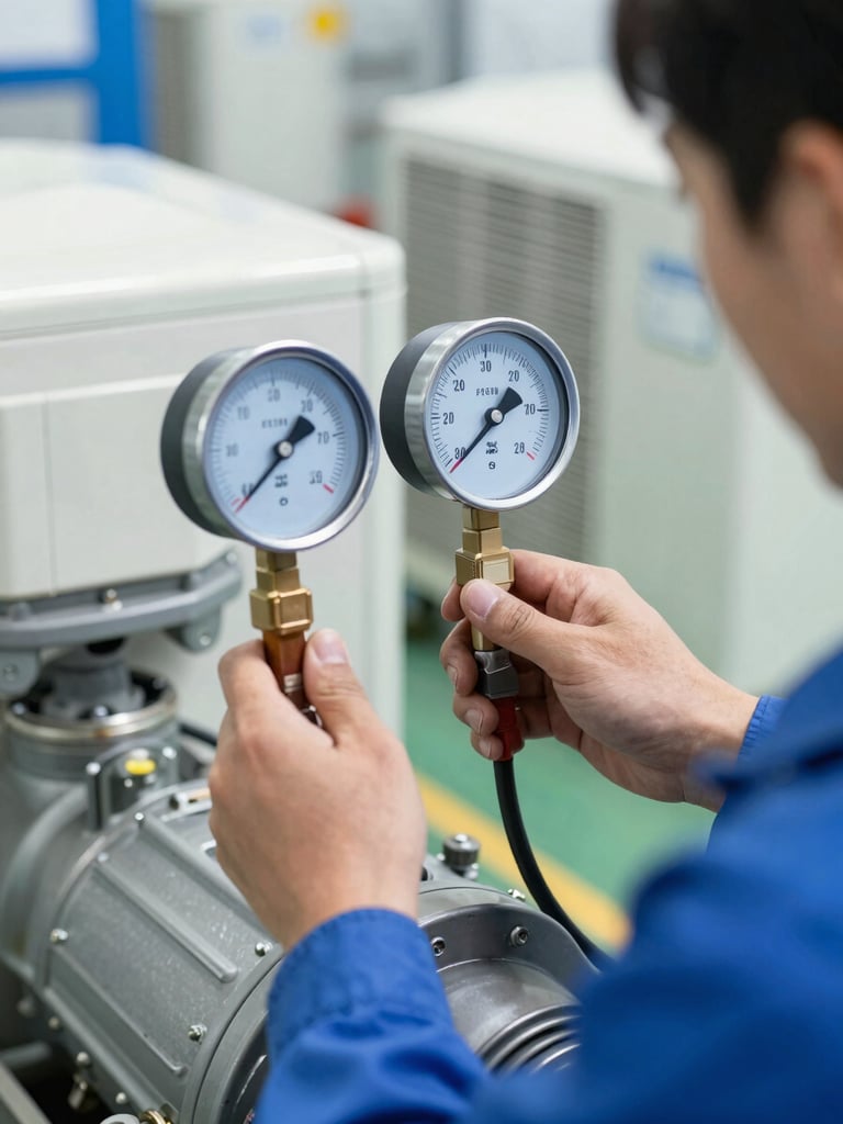 Close-up of a technician checking pressure gauges on a commercial HVAC compressor, metallic tones, sharp focus
