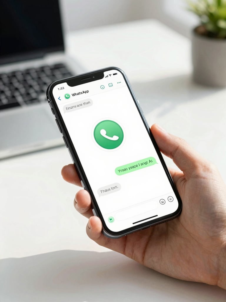Close-up of a hand holding a smartphone displaying a WhatsApp chat, with a professional AI agent icon, in a modern office desk setting, bright natural daylight, soft shadows, 35mm lens.