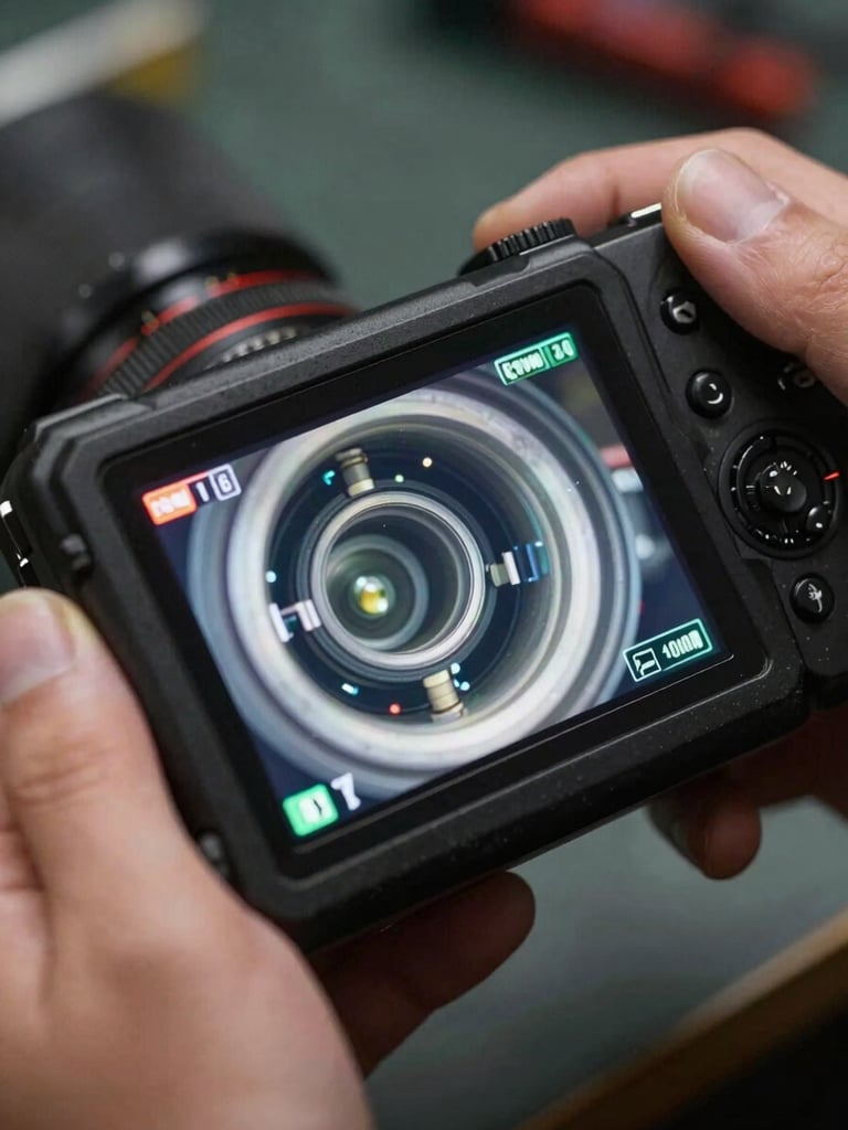 Close-up macro shot of a rugged diagnostic camera screen showing a clean, cleared pipe interior, bright LED illumination, held by a technician in a dark utility room.