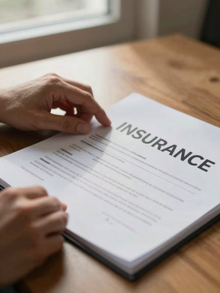 Close-up of hands turning pages of an open insurance policy file on a wooden desk, natural morning window light falling across the document, margin notes visible in ink