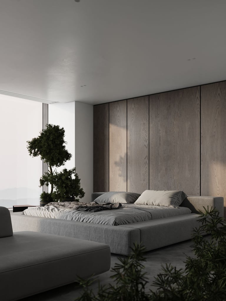 3D rendering of a modern bedroom with a grey bed, wood panel wall, plants, and concrete floor in a minimal design.