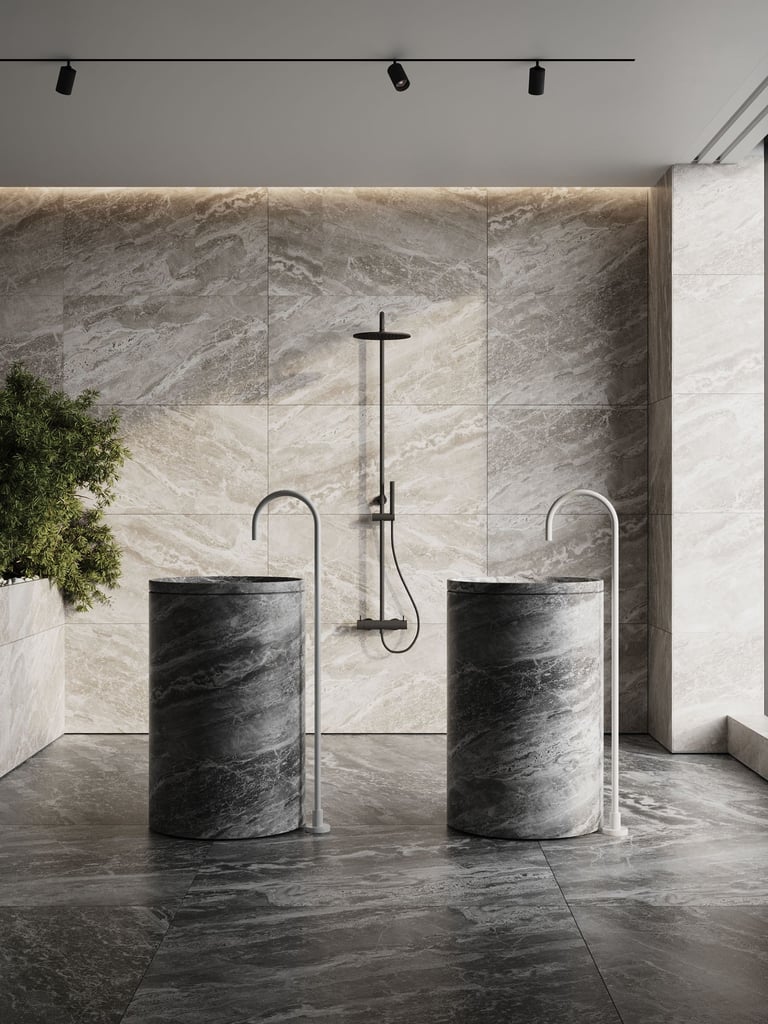 3D rendering of a modern bathroom with stone sinks, curved faucets, marble wall, shower, dark floor, and indoor plant.