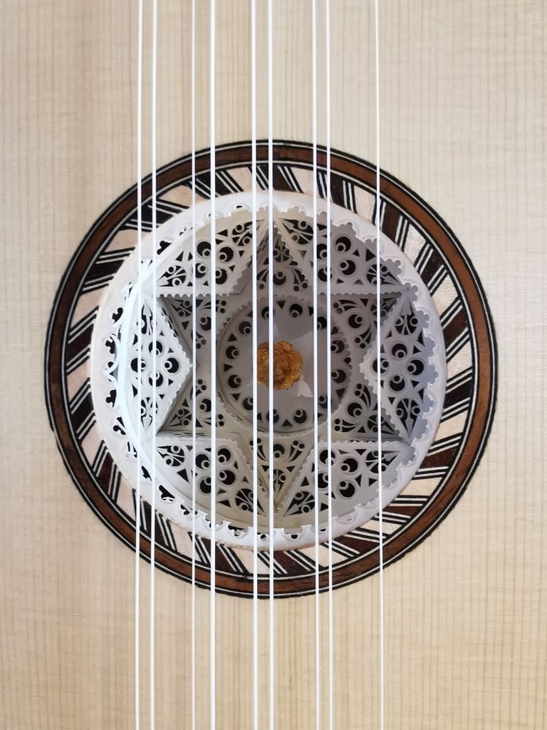 Ornate barque guitar rosette in parchment after Jean Voboam.
