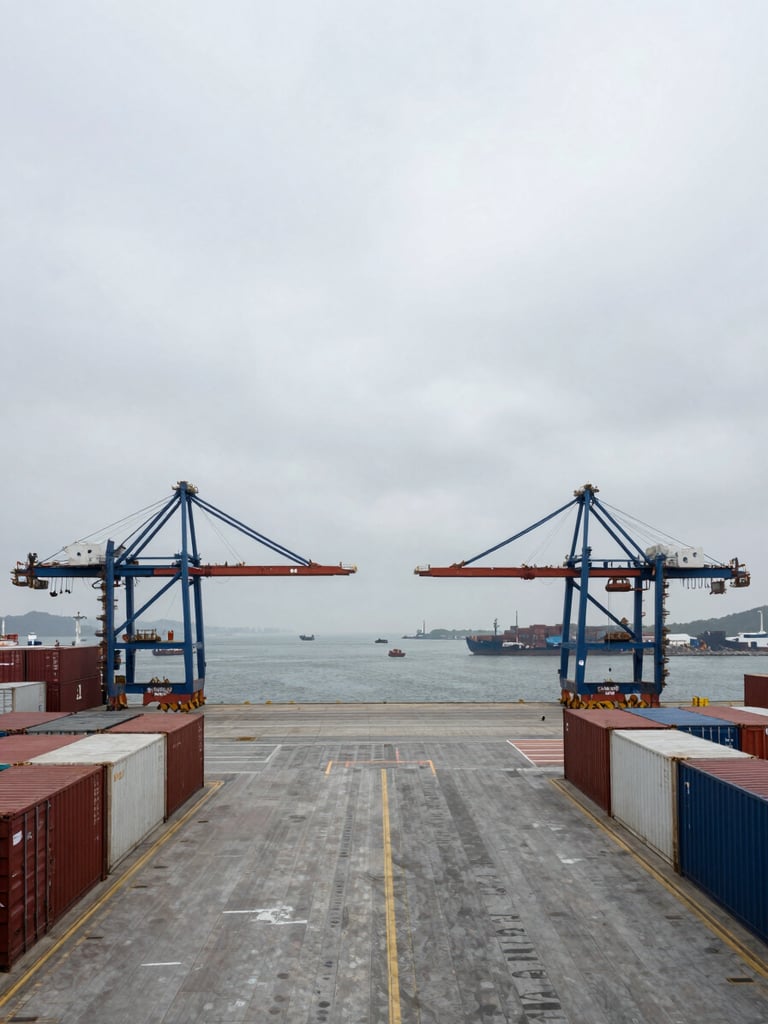 Symmetrical wide shot of a deep-water port terminal with empty shipping containers under flat overcast daylight, desaturated industrial tones.