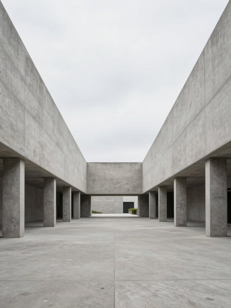 Symmetrical wide shot of modern concrete industrial port infrastructure, flat overcast daylight, neutral desaturated tones, minimalist architectural photography, 35mm lens