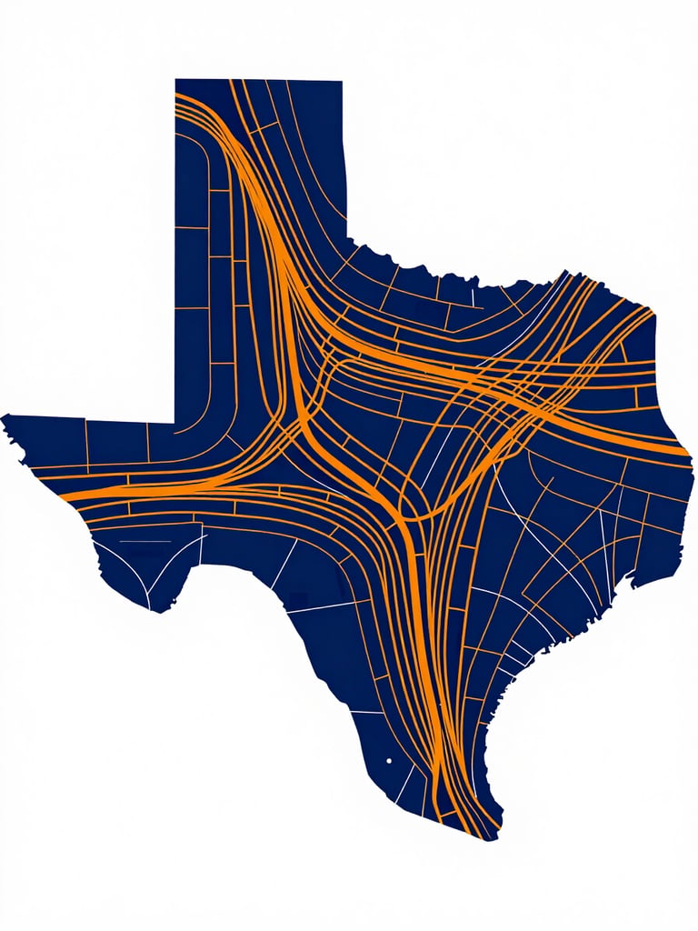 A stylized technical regional map graphic showing service coverage corridors in North-Central Texas, abstract geometric lines, high-contrast navy and safety orange color scheme, clean commercial vector style, no text or labels