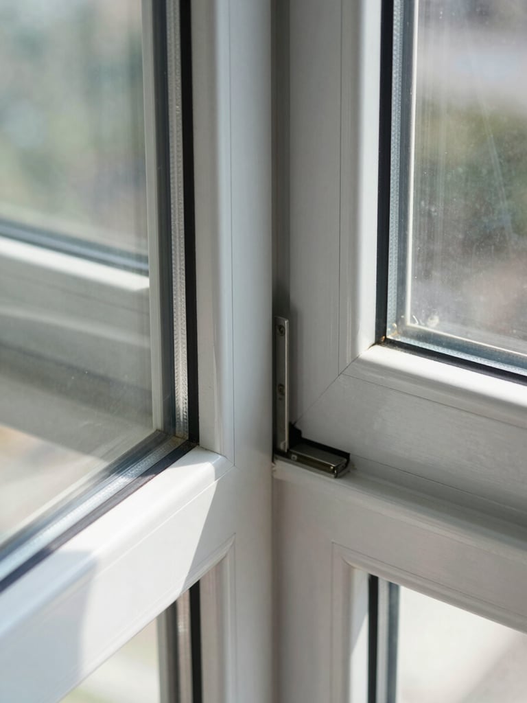 Close-up of a perfectly sealed aluminum window joint, bright natural daylight reflecting off clean glass and polished metal frame, architectural detail