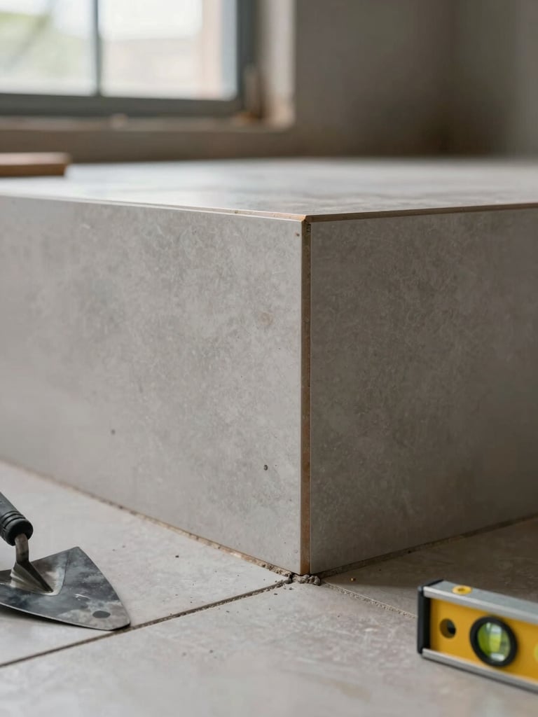 Close-up technical detail of a freshly tiled floor corner junction on a Cameroon jobsite, precise grout lines meeting at a perfect right angle, natural daylight from a nearby window, trowel and level visible at the edge of frame