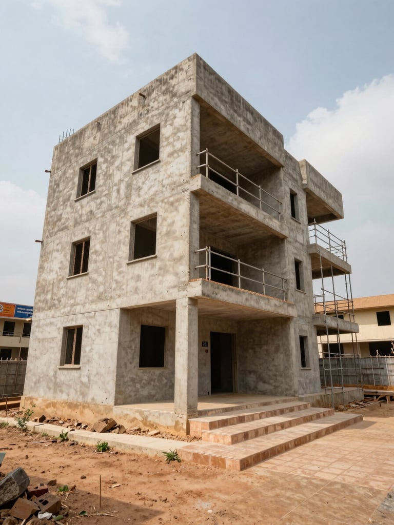 Wide-angle view from ground level of a completed reinforced-concrete residential building in Yaoundé, Cameroon — freshly rendered exterior walls, tiled entrance steps, organized scaffolding removed, overcast equatorial daylight, construction signage visible on the left perimeter fence