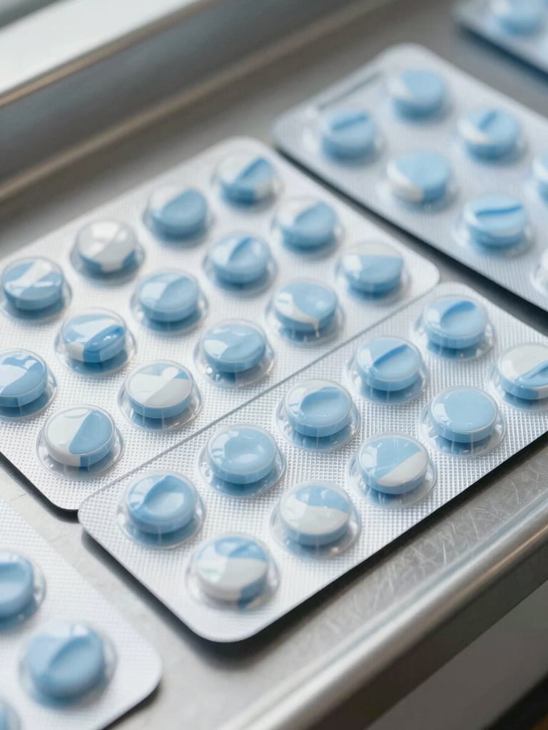 Crisp clinical photography of organized multi-dose blister packs on a sterile steel counter, bright natural daylight, sharp focus, 50mm lens