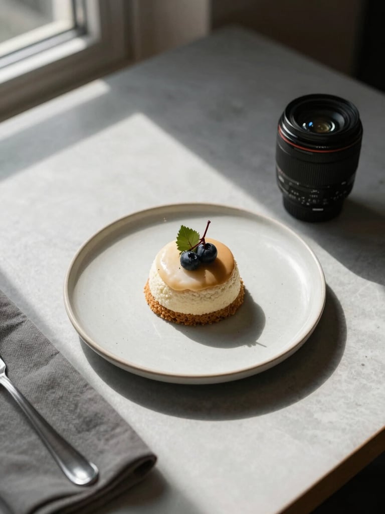 A close-up, overhead tablescape of a Scandinavian-style restaurant table. Diffused morning light from a window casts soft, deep shadows across a single ceramic plate with a minimal dessert, a linen napkin, and a camera lens resting nearby.