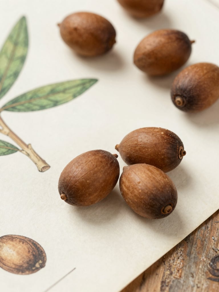 Macro photograph of dried argan fruits and hard brown kernels on a rustic wooden surface, soft natural overcast lighting, scientific archive style