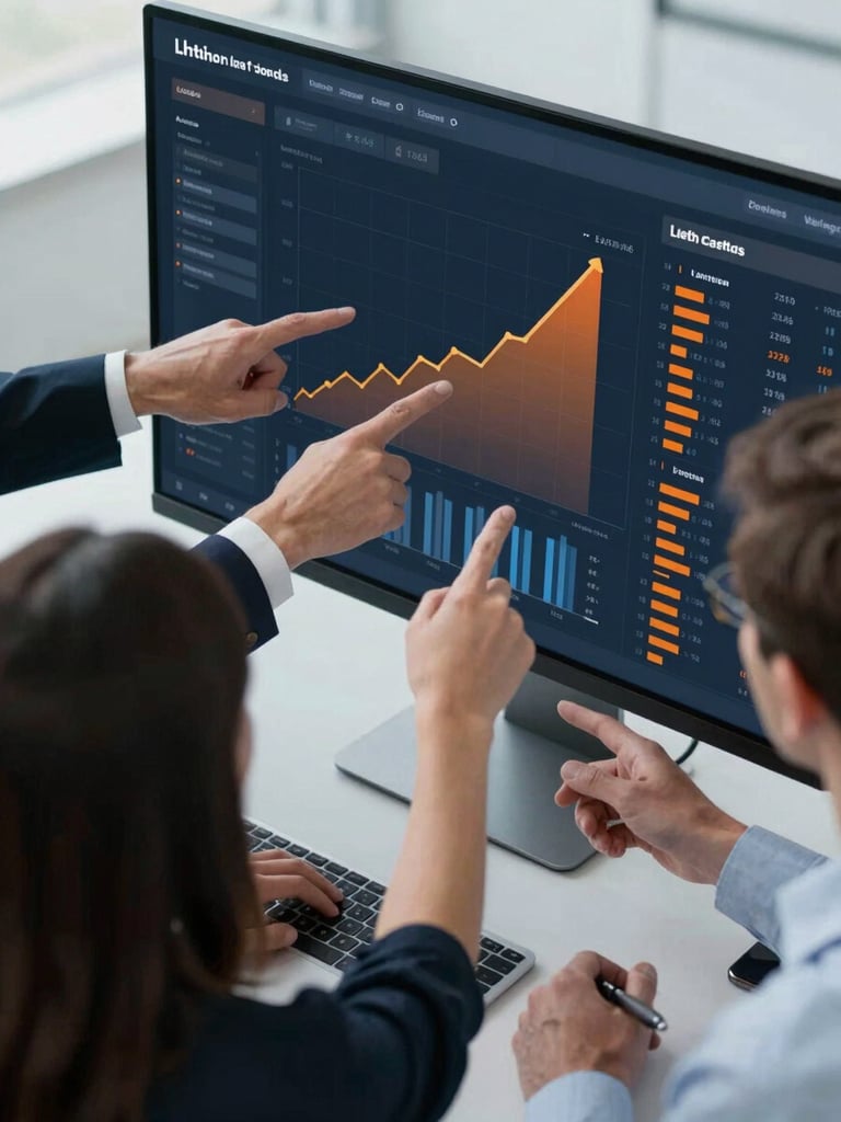 Professional, unposed strategy session around a modern data dashboard showing upward trends, focusing on hands pointing at specific metrics, high-contrast cool daylight, deep slate and sharp orange accents, sharp focus, 35mm lens.