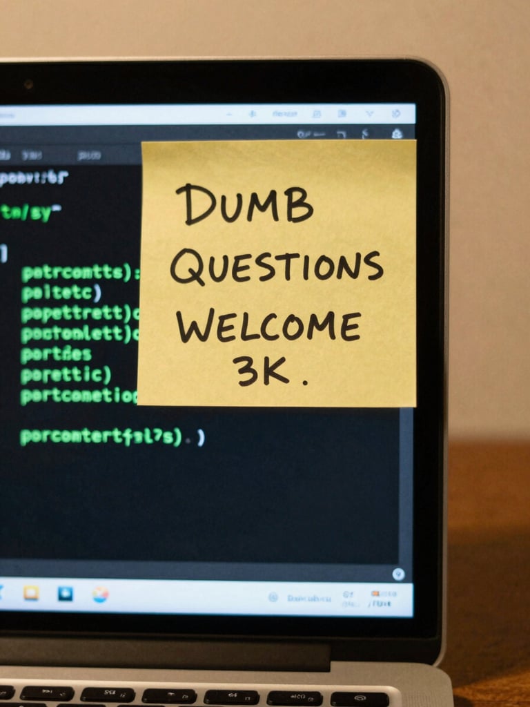 A close-up shot of a laptop screen with glowing green code, a yellow sticky note stuck to the frame reading 'DUMB QUESTIONS WELCOME' in messy handwriting, warm lo-fi lighting, 35mm photography