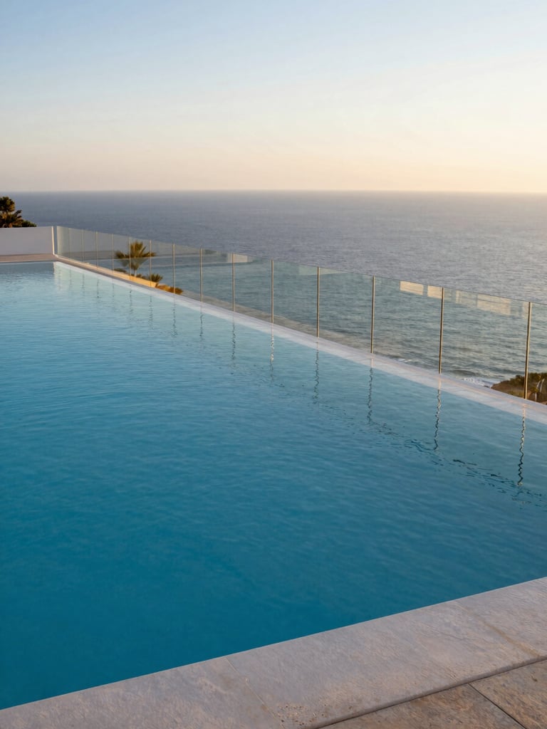 Extreme wide shot of a clifftop infinity pool in Costa del Sol, frameless glass railing tracing the pool perimeter as a near-invisible line, deep blue Mediterranean water merging with the sea beyond, golden-hour light skimming the glass surface, empty deck, no people, architecture white and minimal
