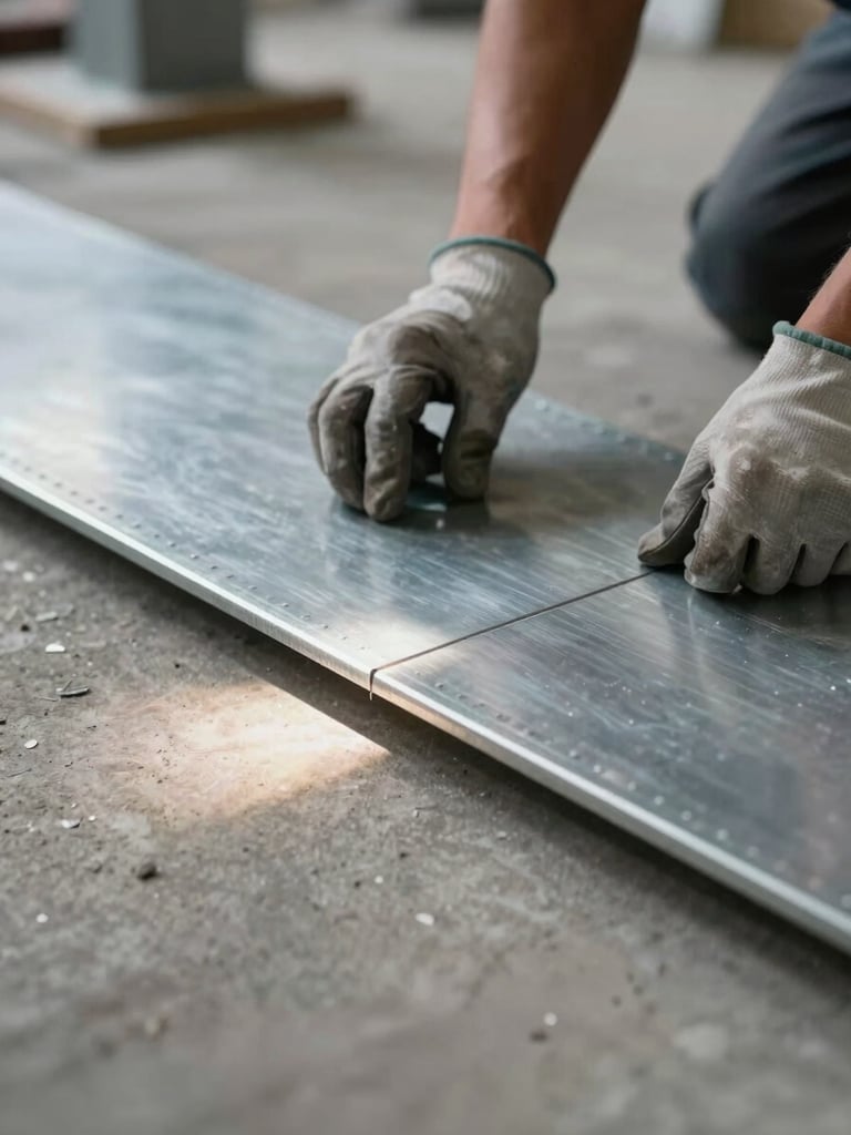 Close-up low-angle shot of raised floor pedestal and panel edge being set by a worker's gloved hands on a concrete subfloor, tungsten site light raking across the steel panel surface to reveal joint precision, industrial environment