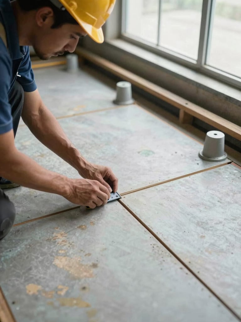 Overhead shot of a maintenance technician inspecting raised floor panel joints with a measuring tool, existing floor system partially disassembled to show pedestals and subfloor, north-facing daylight from a high warehouse window, material wear visible on older panels