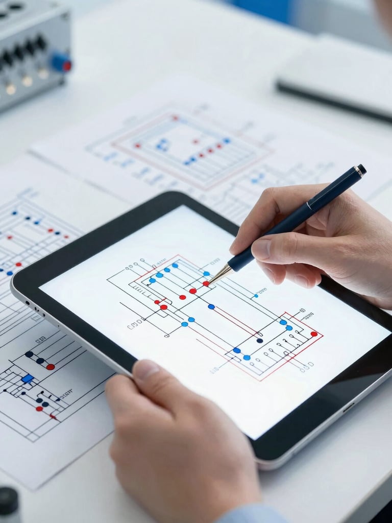An engineer examining a complex electrical schematic on a tablet, hands visible, crisp studio lighting, blue and white highlights, shallow depth of field.