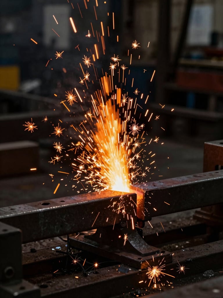 Macro shot of industrial steel fabrication, sparks flying from molten metal, dark low-key lighting with high-contrast orange highlights.