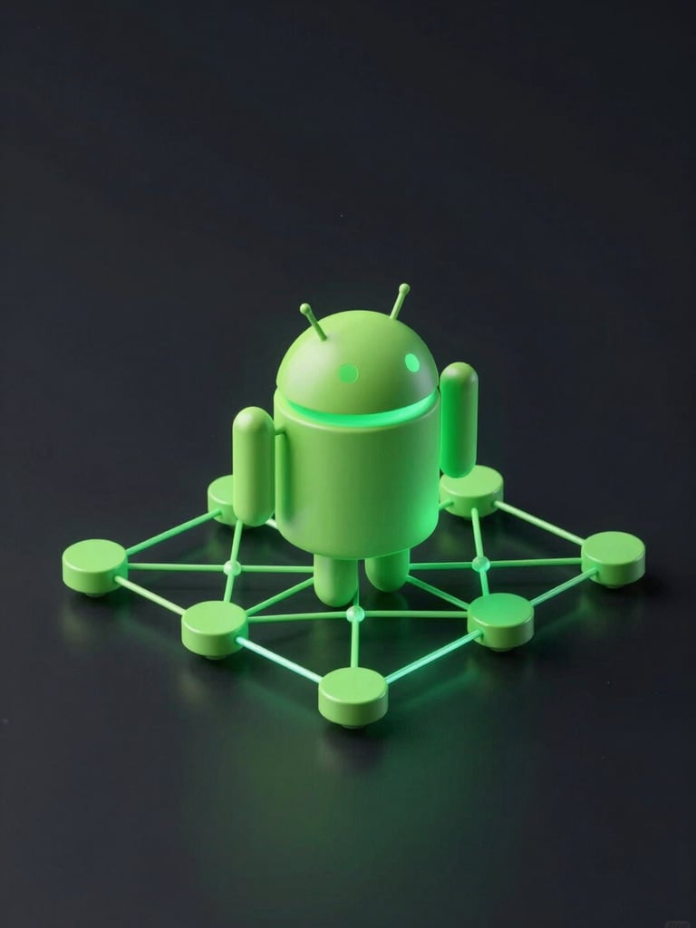 Isometric 3D render of a glowing green Android app architecture diagram, node-based connections on a dark background, high-contrast digital terminal aesthetic.