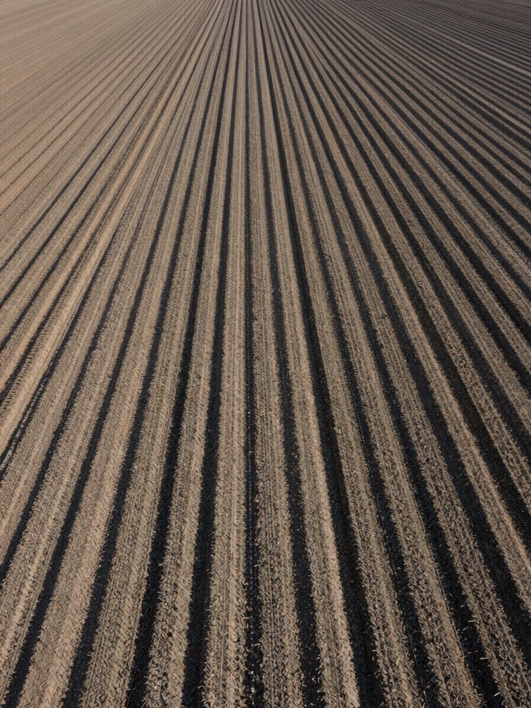 Overhead view of uniform crop rows in a large agricultural field under clear institutional daylight, geometric lines of planted rows extending to the horizon, no people, structural and precise, neutral mid-morning light
