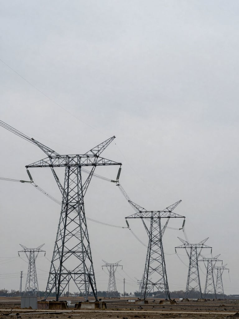 Wide panoramic view of high-voltage electricity transmission towers stretching across flat terrain under overcast institutional daylight, steel lattice structures receding to the right, expansive grey sky, low horizon, no people