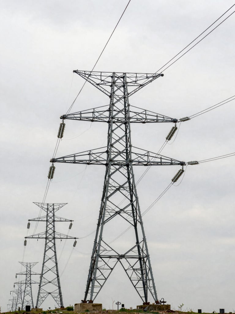 Wide-angle shot of high-voltage transmission towers receding into a flat landscape under grey institutional daylight, overhead framing emphasizing structural scale, no people, no vehicles, architectural line work of steel lattice against overcast sky