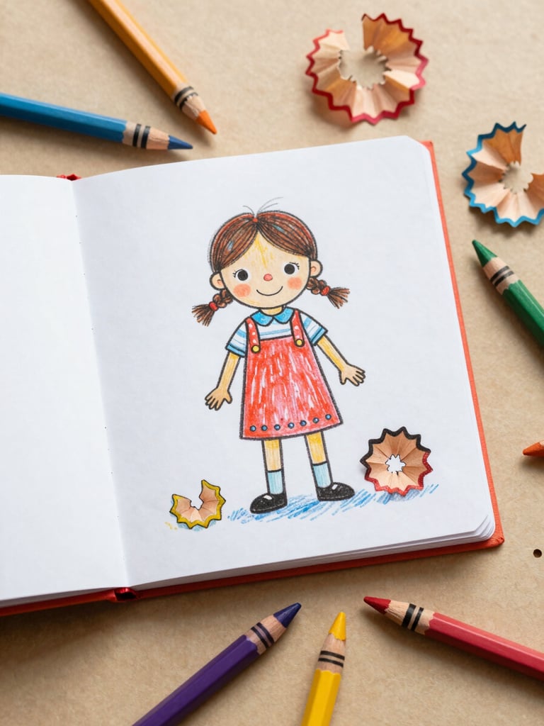 Flatlay of an open coloring book showing Felicitas Funkelstern, surrounded by colorful pencils and crayon shavings on a warm textured paper surface, soft depth of field