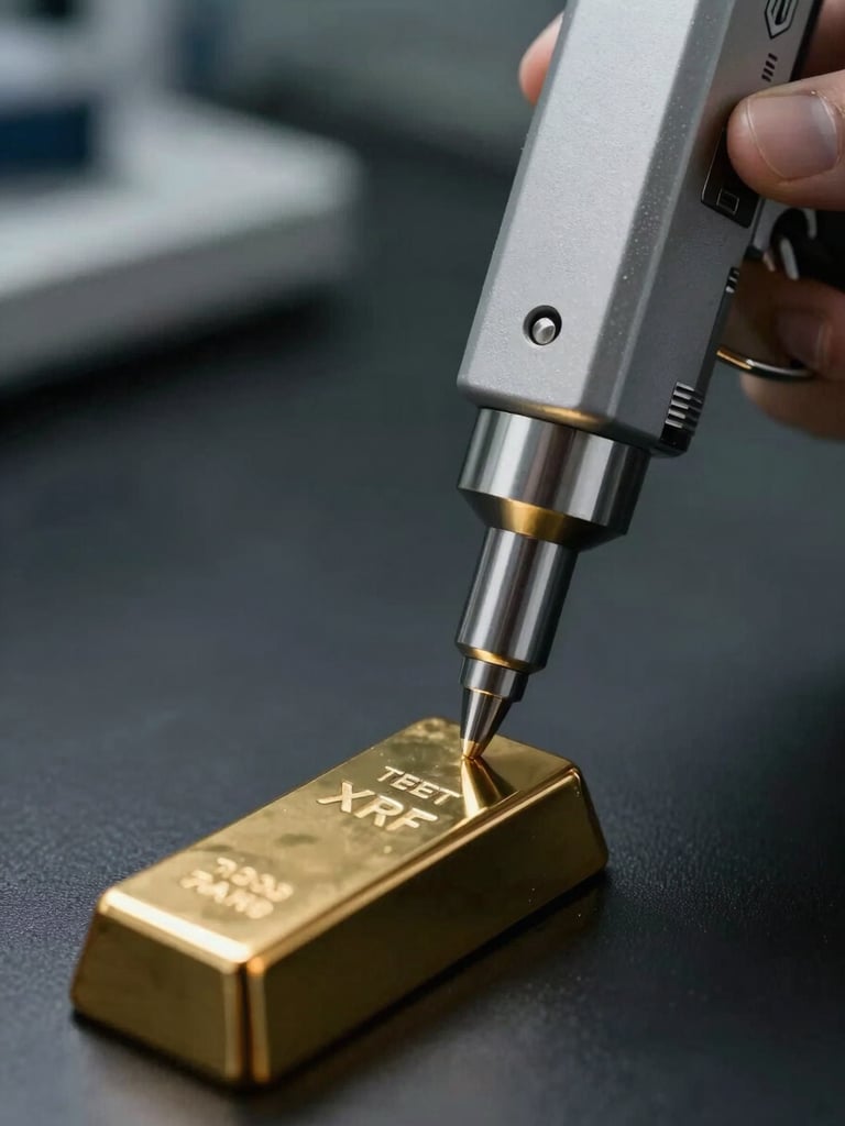 Extreme close-up of a certified XRF purity testing gun pressed against a gold bar on a matte black surface, institutional laboratory setting, cool directional studio lighting highlighting the metal and device interface, shallow depth of field, right-side framing with generous dark space to the left