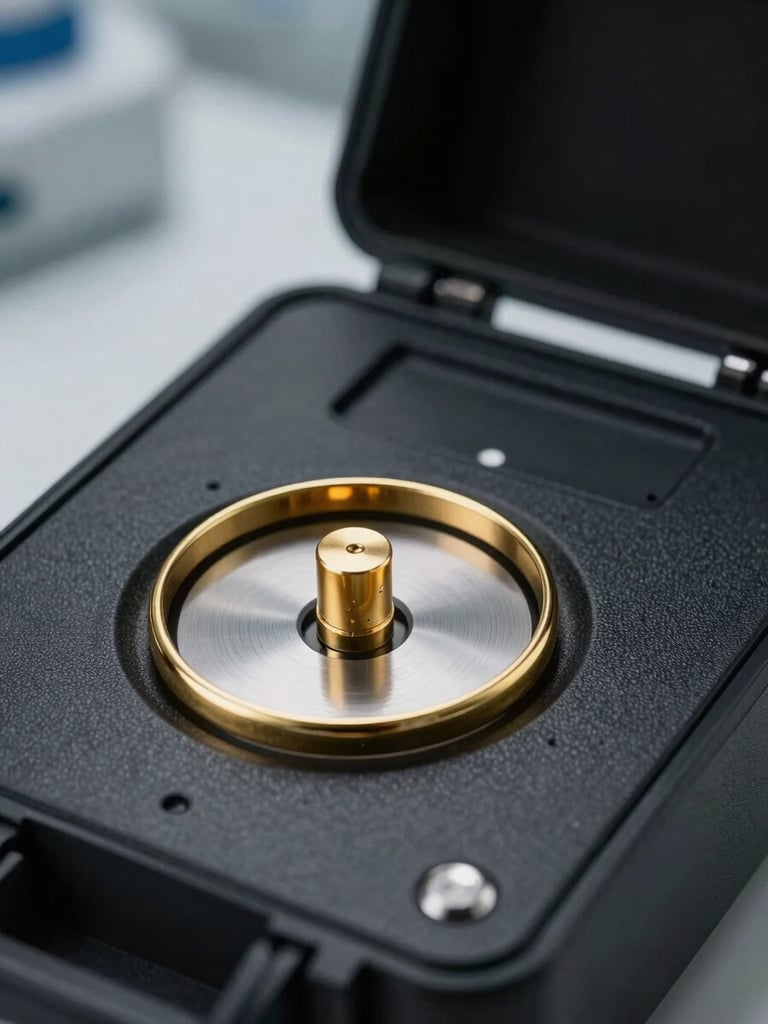 Close-up of a portable XRF gold purity testing device resting on a matte black case, a gold bangle placed on the sensor aperture, cool directional studio lighting picking up metallic surfaces, institutional lab environment visible softly out of focus in background, tight product framing