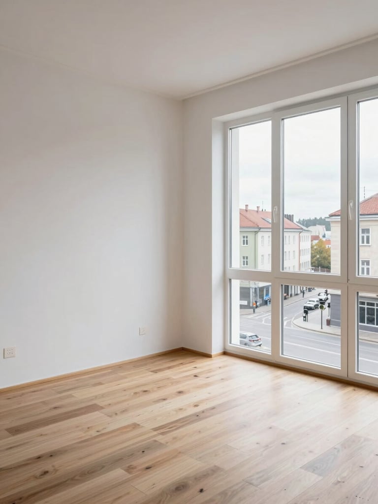 Wide interior shot of a clean Klaipėda apartment living room, large window on the right framing a grey Baltic city street below, natural overcast daylight washing the room, minimal white walls and pale wood floor, no personal items, functional and spacious