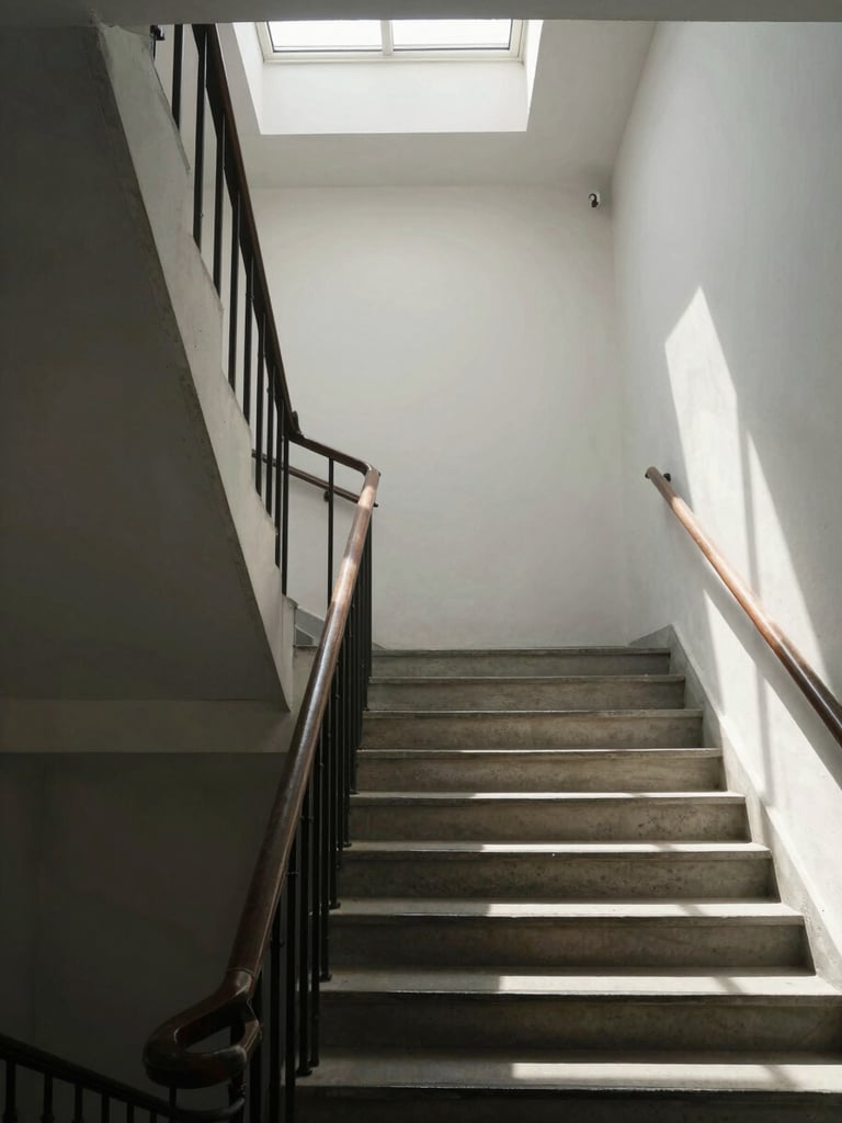 Close environmental shot looking up a clean concrete staircase inside a Klaipėda residential building, natural light filtering in from a skylight above, geometric shadow lines on pale walls, no people present