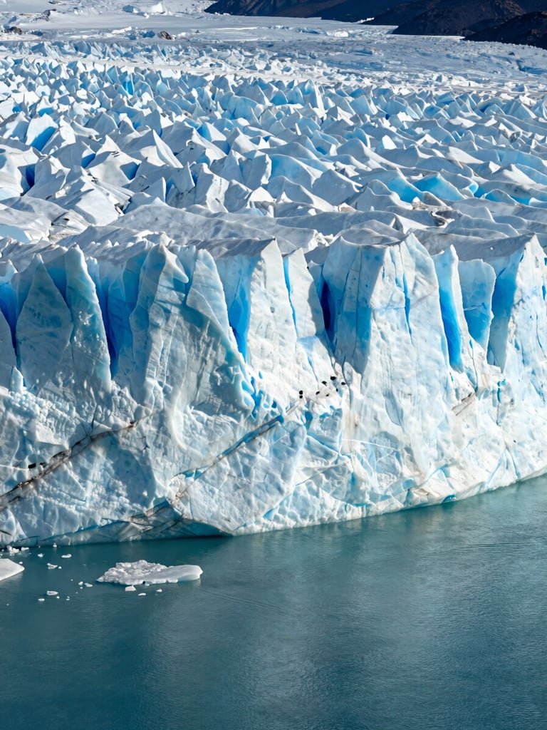 Tall portrait environmental frame—Perito Moreno glacier wall rising from deep aquamarine water, late-afternoon side light raking across the ice face, revealing blue fissures and melt channels, vast and still, no people