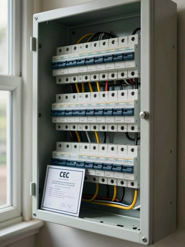 Close-up of an open residential switchboard panel in a Sydney home, wiring neatly dressed and labelled, a CEC accreditation certificate visible in the foreground, soft window light from the left casting clean shadows on the circuit breakers and cable runs